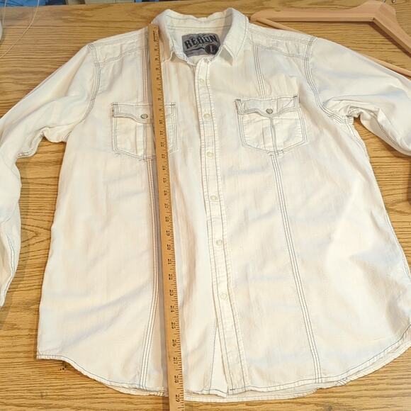 Rerun Mens White Button Front Shirt Roll Tab Sleeves Pearl Snap Large Western - Picture 7 of 8